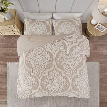 Full/Queen 3pc Cotton Chenille Damask Comforter Set Taupe