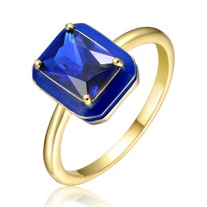 Stunning 14k Yellow Gold Plated Ring with Sapphire Cubic Zirconia and Blue Enamel Radiant Halo for a Vibrant and Elegant Statement Piece - 1 of 3