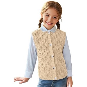 Clearlove Girls’ Sleeveless Cable Knit Buttoned Vest with Lightweight Open Cardigan and Round Neck Sweater Vest with Pockets - 1 of 4