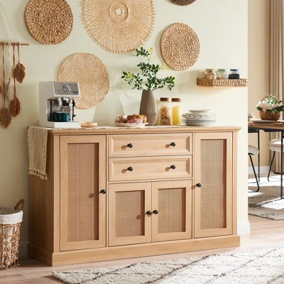 Sonkuki Natural 58" Rattan Buffet Cabinet with Storage, Sideboard Buffets Cabinet with 4 Rattan Doors and 2 Drawers