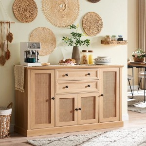 Sonkuki Natural 58" Rattan Buffet Cabinet with Storage, Sideboard Buffets Cabinet with 4 Rattan Doors and 2 Drawers - 1 of 4