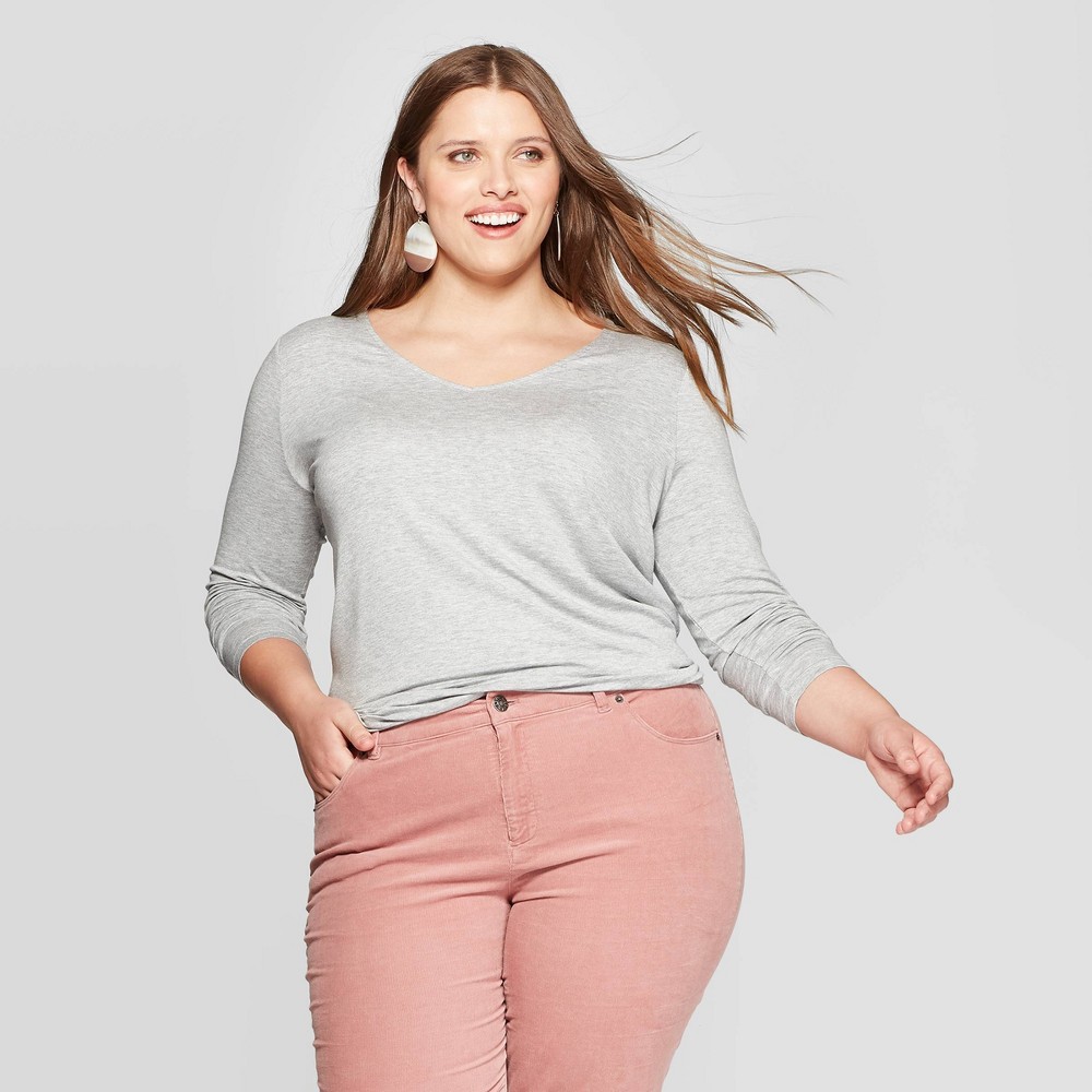 Women's Plus Size Long Sleeve V-Neck T-Shirt - Ava & Viv Light Heather Gray 1X, Women's, Size: 1XL, Light Grey Gray was $12.0 now $8.4 (30.0% off)