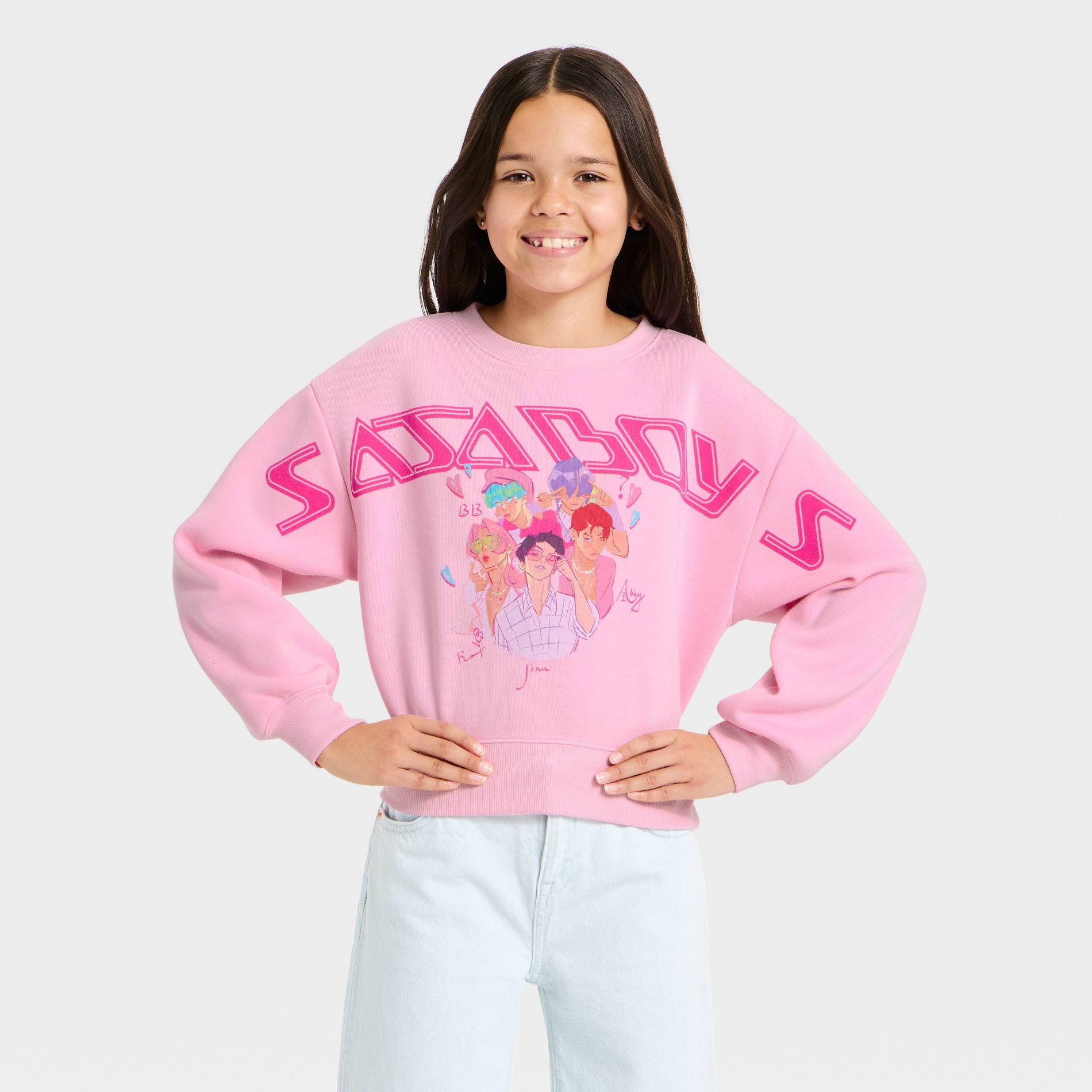 Girls' KPop Demon Hunters 'Saja Boys' Graphic Pullover Sweatshirt - Light Pink XL Plus
