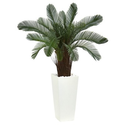 40" Cycas Artificial Tree In White Tower Planter - Nearly Natural