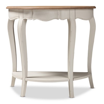 Cordelia 32" White and Natural Wood Demilune Console Table with Storage