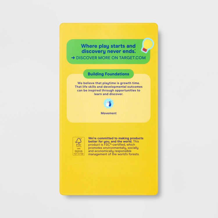 A yellow card with text about playtime and development, featuring a section titled "Building Foundations" and a note on FSC certification.