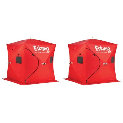 Eskimo QuickFish 3 Portable 3-Person Spacious Pop Up Ice Fishing Shanty Shack Hub Tent with Ice Anchors and Backpack Storage Bag, Red (2 Pack)