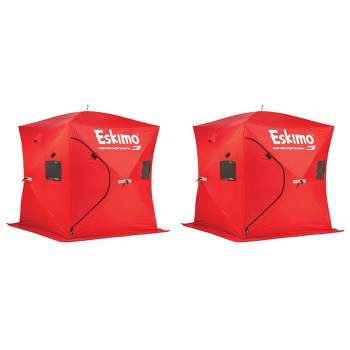 Eskimo QuickFish 3 Portable 3-Person Spacious Pop Up Ice Fishing Shanty Shack Hub Tent with Ice Anchors and Backpack Storage Bag, Red (2 Pack)