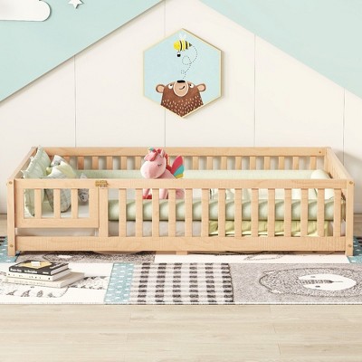 NicBex Full Size Wood Montessori Bed with Safety Guardrails,Floor Bed with Door,Modern Toddler Bed for Bedroom