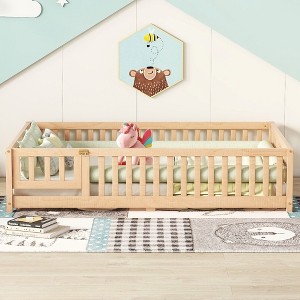 CAVINAS Kids Montessori Bed with Door,Wood Floor Bed with Safety Guardrails,Twin/Full/Queen Size Toddler Bed for Bedroom Playroom,White/Gray/Brown - 1 of 4