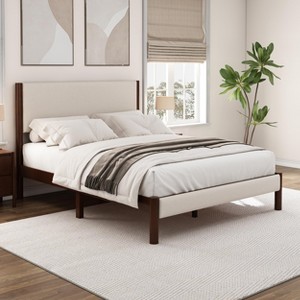 Queen Size Platform Bed Frame with Upholstered Headboard, Mid Century Modern Upholestery Bed Frame,86.6" L x 64.2" W x 49" H Walnut Wood - 1 of 4