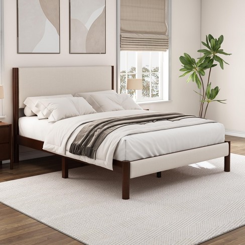 Queen Size Platform Bed Frame with Upholstered Headboard, Mid Century Modern Upholestery Bed Frame,86.6" L x 64.2" W x 49" H Walnut Wood - image 1 of 4