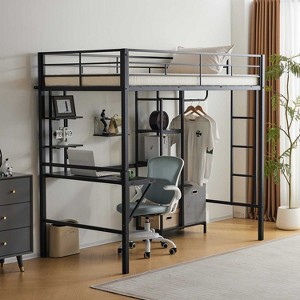 KTMBDW Twin Size Metal Loft Bed with Desk and Storage Shelves, Full-length Guardrails, Loft Bed Frame for Teens Juniors Adults, Noise Free, Black - 1 of 4