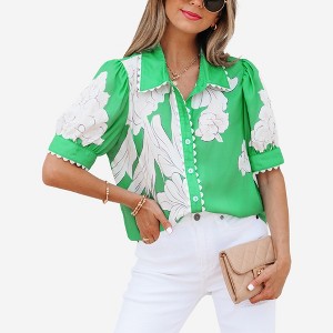 Amaryllis Women’s Puff Sleeve Collared Button Front Blouse Scalloped Trim Oversized Floral Print - 1 of 4