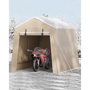 7x10FT Portable Outdoor Storage Shed with 2Roll-Up Zipper Doors & Vents,Waterproof PE Tarp,UV-Resistant Carport for Motorcycle,Firewood,Tools-Khaki - 1 of 4