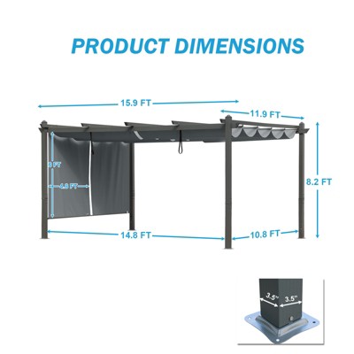Gray Aluminum Patio Pergola with Adjustable Canopy and Sun Shade