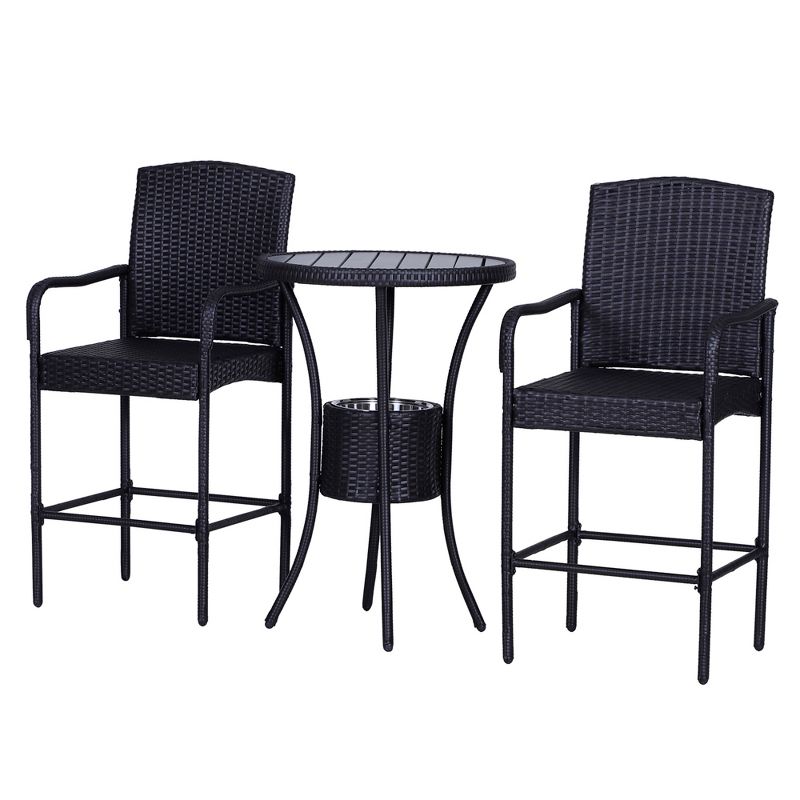Outsunny Rattan Wicker Bar Set for 3 PCS with Ice Buckets, Patio Furniture with 1 Bar Table and 2 Bar Stools for Poolside, Backyard, Porches, 5 of 10