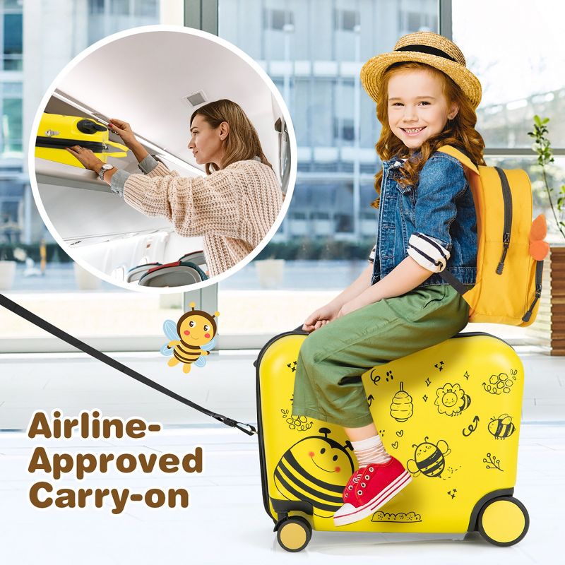 Costway 2PC Kids Ride-on Luggage Set 18'' Carry-on Suitcase & 12'' Backpack Anti-Loss Rope Yellow, 2 of 11