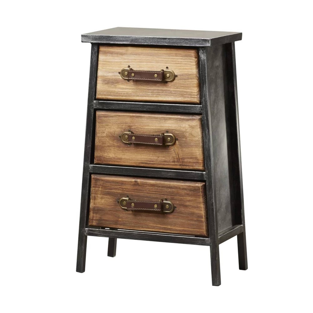 3 Drawer Wooden Storage Chest with Canted Metal Frame Brown Gray Benzara For Sale