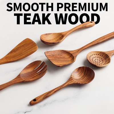 BRINJOY Wooden Kitchen Utensil Set, 6-Piece Wooden Cooking Spoons and Serving Spoons for Nonstick Cookware