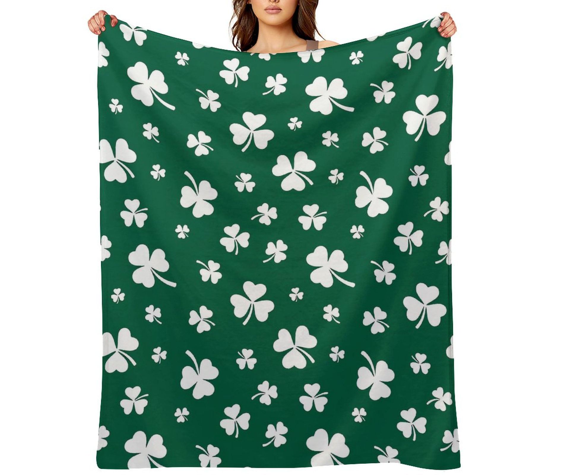 Irish Luck Clover Throw Blanket - Green with White Shamrocks for St. Patrick's Day 30x40 inches