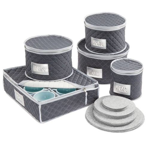 Gray China Plate Storage, Dinnerware Storage Container Set, Securely Padded  (4pc)