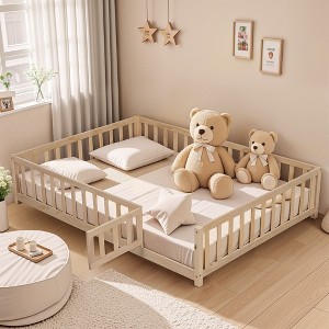 NicBex Kids Montessori Bed with Door and Fence,Wood Floor Bed with Support Slats,Full Size Toddler bed for Bedroom Playroom,White/Gray/Brown - 1 of 4