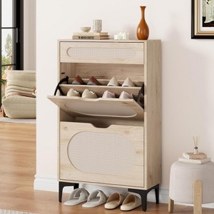 Acekool Rattan Shoe Cabinet with 2 Flip Drawers & 1 Pull-Out Drawer, Adjustable Shelves, Metal Legs, Space-Saving Entryway Storage - 1 of 4