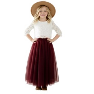 2Bunnies 2 Piece Lace Top Tulle Skirt Boho Rustic Flower Girl Dress Set - 1 of 4