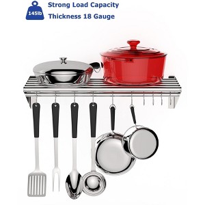 Stainless Steel Shelf Commercial Wall Mounted - Storage Floating Shelf with 10 Hooks for Restaurant/Kitchen/Home, NSF-Certified 18-Gauge - 1 of 4