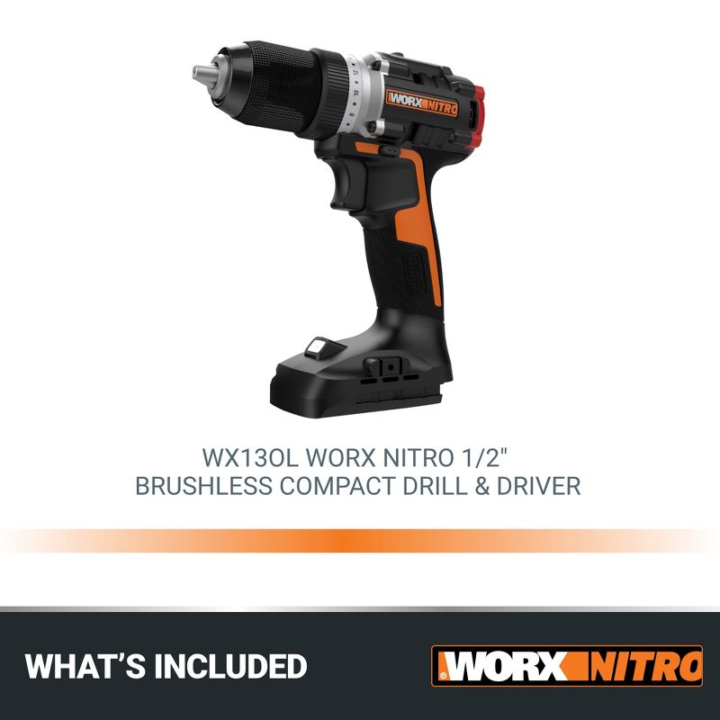 Worx Nitro WX130L.9 20V Compact Brushless 1/2” Drill/Driver (No Battery and Charger Included - Tool Only), 5 of 10
