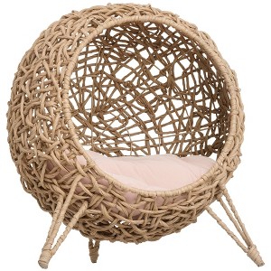 SKYONE Elevated Hand-Woven Water Hyacinth Cat House Condo with Soft Cushion, Natural, 20.5" - 1 of 4