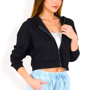 Anna-Kaci Women's Cropped Waffle Knit Zip-Up Hoodie with Drawstring - 1 of 4