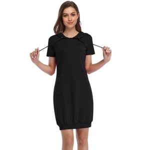 Coolmee Women V Neck Short Sleeve Pullover Hooded Kangaroo Pocket Sweatshirt Casual Hoodie Ribbed Hem Mini Dress - 1 of 4