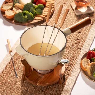 Beige Enamel Cast Iron Fondue Pot with Wood Stand