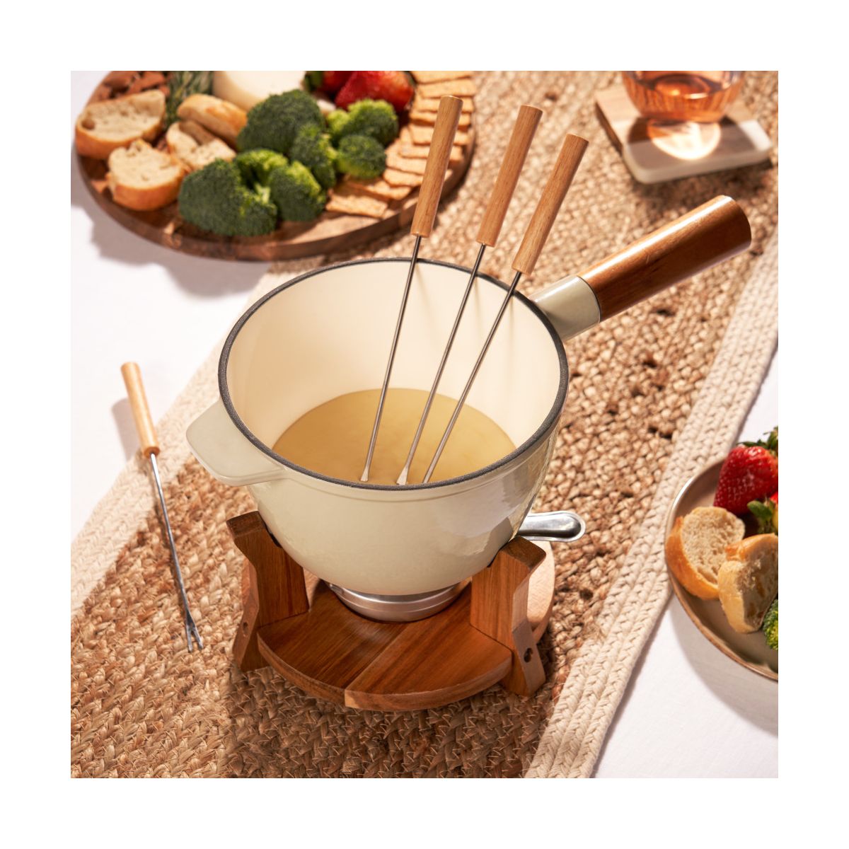 Twine Cast Iron Fondue Set with Wood Stand and Forks, Chocolate Melting Pot, Cheese Fondue Kit Set, Housewarming Gifts, Wedding Gifts, 8.5", Beige - thumbnail 4