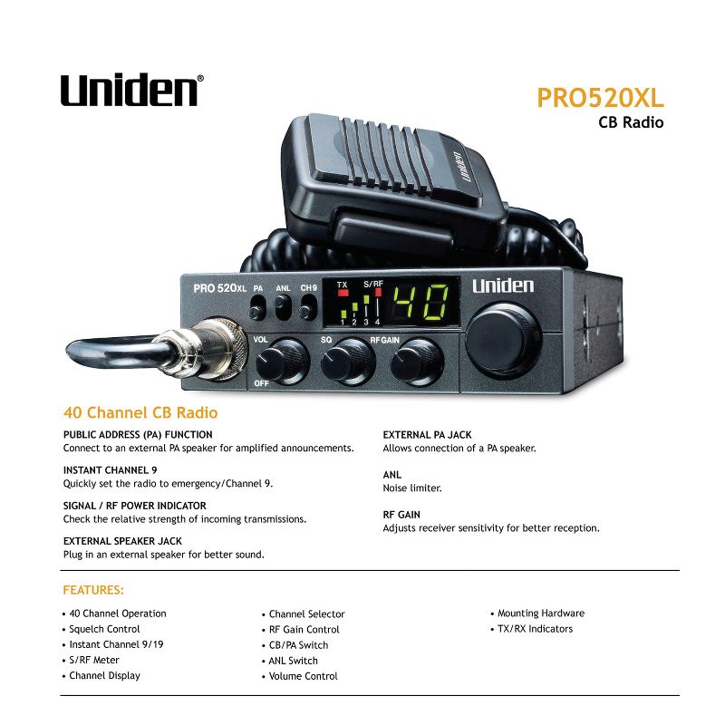Uniden® Professional Series 40-Channel Compact CB Radio, PRO520XL, 3 of 6