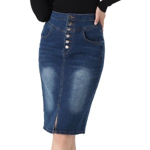 INSPIRE CHIC Women's High Waist Split Hem Casual Denim Pencil Skirt - 1 of 4