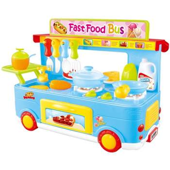 Ready! Set! Play! Link Little Chef 29 Piece Set, Fast Food Truck Bus Kitchen Toy, Food Pretend Play For Kids (Pink & Blue)