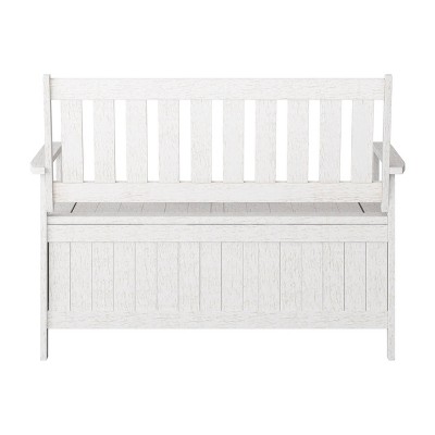 Whitewashed Shorea Wood Outdoor Storage Bench with Slatted Back