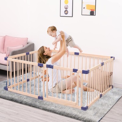 Wooden Baby Playpen, Large Wood Gate Playpen for Babies and Toddlers, Baby Fence Play Yard with Door for Kids Activity Center