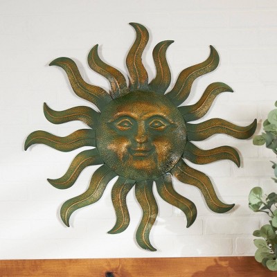 Metal Sun Wall Decor with Smiling Face and Curved Rays Copper - Olivia & May