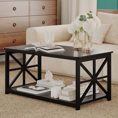 2 Tier Coffee Table, 39.4'' Wood Coffee Table with Storage Shelf, Rectangle Side End Table, Accent Center Table for Living Room Home Office