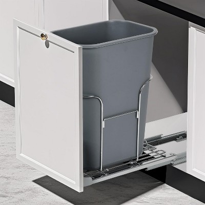 Under Cabinet Pull Out Trash Can Holder - Under Kitchen Sink Waste Container Slide Out Shelf for 35 Liter Recycling Bin, Heavy Duty Steel Frame,