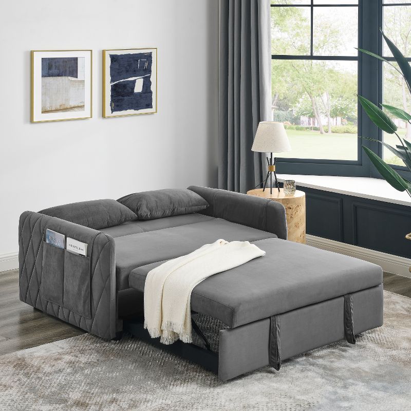 55" Pull Out Sleeper Sofa Bed, Velvet Upholstered Loveseat Sofa with Adjustable Backrest and Pillows-ModernLuxe, 2 of 12