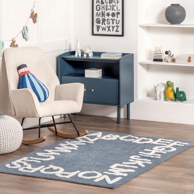Blue Cotton Washable Round Alphabet Kids Rug