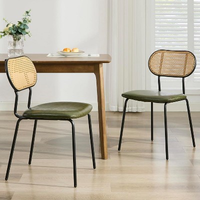 TYBOATLE Dining Chairs Set of 2, Mid-Century Modern Rattan Back Chairs with Black Faux Leather, Metal Legs, Boho Cane Chairs for Dining Room