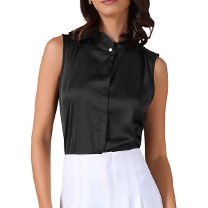 INSPIRE CHIC Women's Satin Sleeveless Elegant Pleated Mock Neck Ruffle Trim Work Blouses - 1 of 4