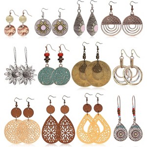 Bohemian vintage tassel earring set, featuring teardrop and round wooden earrings, Christmas jewelry, silver. - 1 of 4