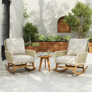 3-Piece Patio Set Table And Chairs,  Modern Patio Chairs With Seat And Back Cushions, PE Rattan Rocking Chairs And Wooden Table-Cuddlewood - 1 of 4
